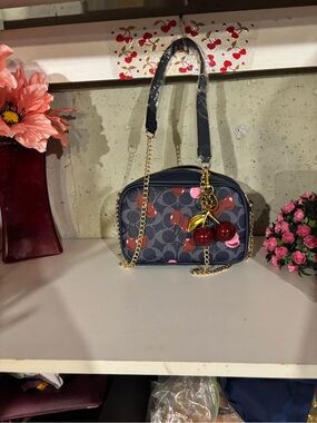 Cherry Accent Navy Crossbody Bag with Gold Chain